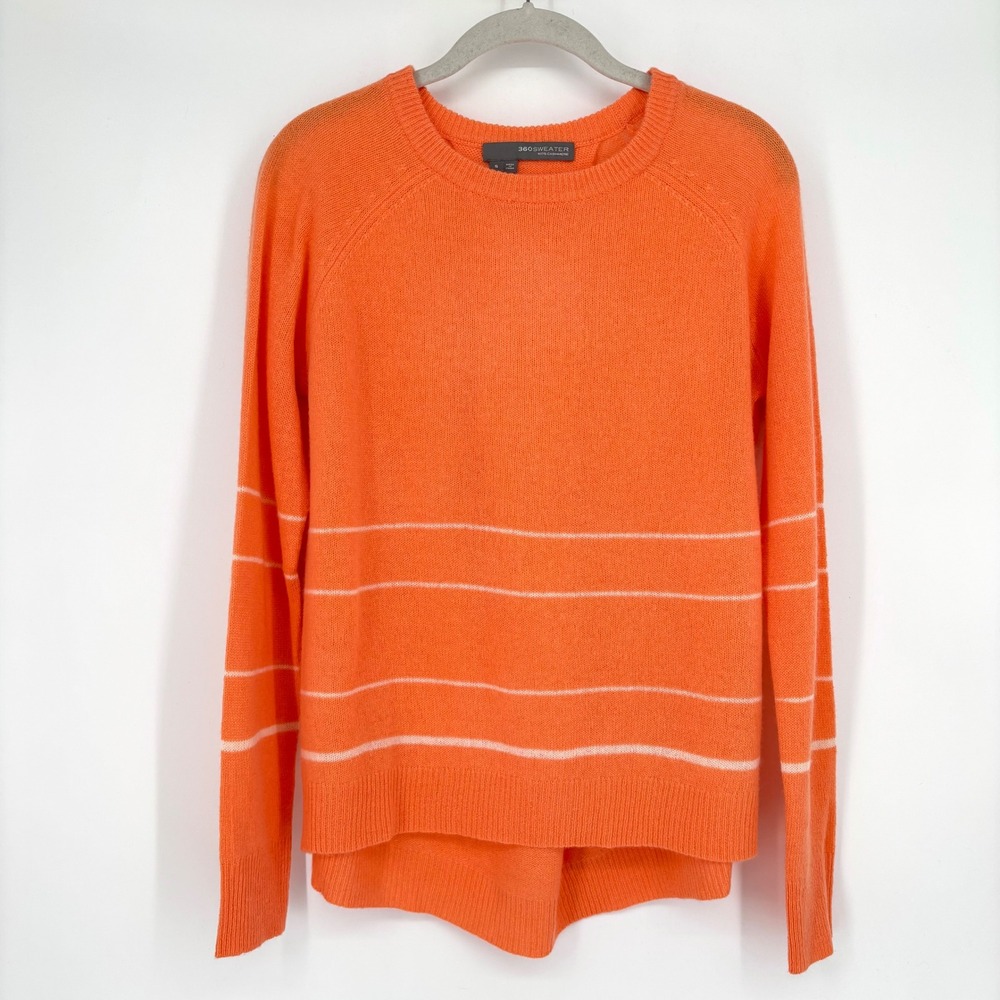 360 SWEATER 100% Cashmere Sweater Size S Orange White Striped Crew Neck Relaxed